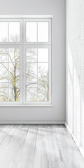 Obraz premium Property interiors composition with a big window providing natural lighting to a room with minimal furniture. Minimalist residential realty interiors.