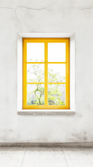 Property interiors composition with a big window providing natural lighting to a room with minimal furniture. Minimalist residential realty interiors.