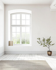 Property interiors composition with a big window providing natural lighting to a room with minimal furniture. Minimalist residential realty interiors.