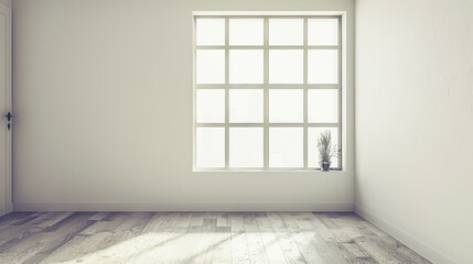 Fototapeta premium Property interiors composition with a big window providing natural lighting to a room with minimal furniture. Minimalist residential realty interiors.
