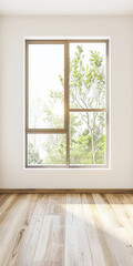 Fototapeta premium Property interiors composition with a big window providing natural lighting to a room with minimal furniture. Minimalist residential realty interiors.