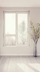 Obraz premium Property interiors composition with a big window providing natural lighting to a room with minimal furniture. Minimalist residential realty interiors.