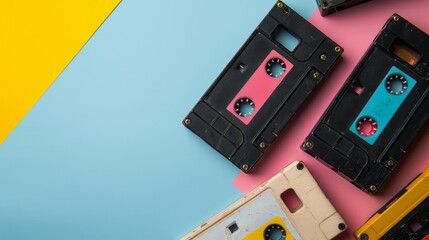 Fototapeta premium Old audio cassettes on colored background with copy space