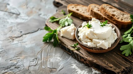 Camembert or brie cheese with basil leaves on table. Generative AI