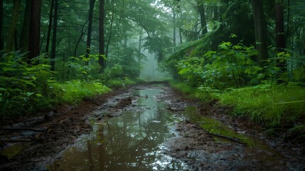 Obraz premium Rain-soaked forest trail with puddles.