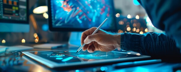 Man Drawing on Digital Tablet With Stylus