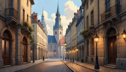 Fototapeta premium -A-quaint-European-city-street-wi