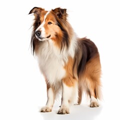 Fototapeta premium Rough collie dog breed standing against white background, AI Generated