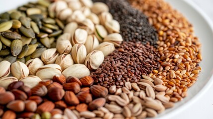Fototapeta premium This image displays a collection of different colored nuts and seeds, all neatly arranged in a white bowl.