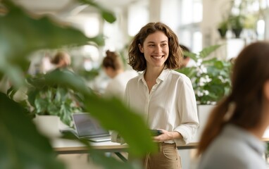 woman standing in an open office space