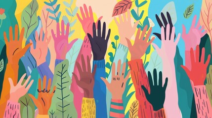 Diverse community unity: colorful open hands design symbolizing multiculturalism and togetherness, vector illustration of multiethnic people embracing diversity and inclusion


