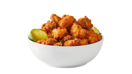  A bowl filled with golden spicy karaage pieces, arranged carefully on a transparent background