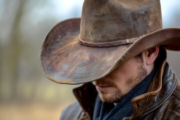 Cowboy looking down with a brown leather hat