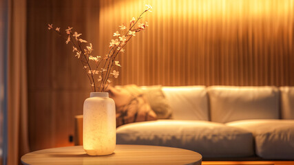 Cozy living room with a flower vase on a table, minimalistic design