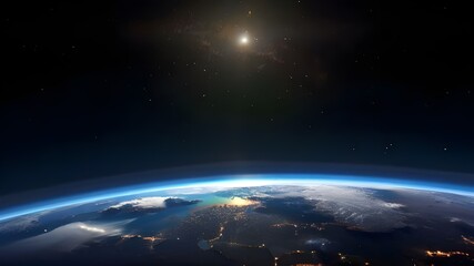 Blue space background with earth and galaxy. 