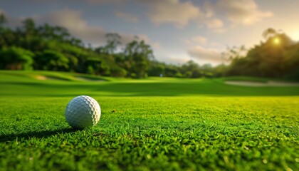 Golf background concept: Golf ball with green gold course in the background and copy space.