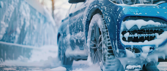 Blue car wash with white soap foam and profession