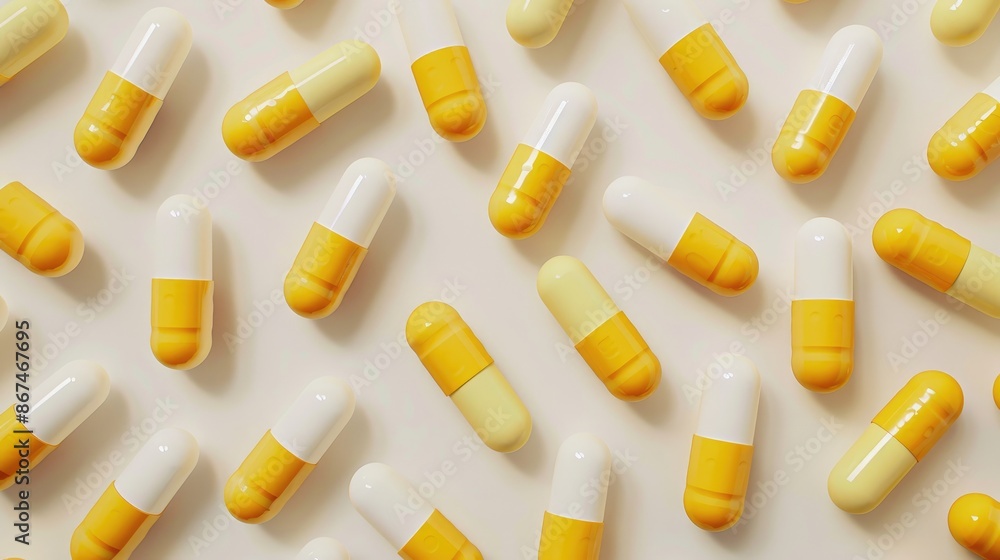 Wall mural white and yellow medication pills arranged on a table viewed from above