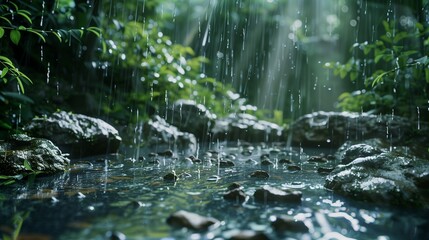 Fototapeta premium Wet forest rocks glistening with rain.