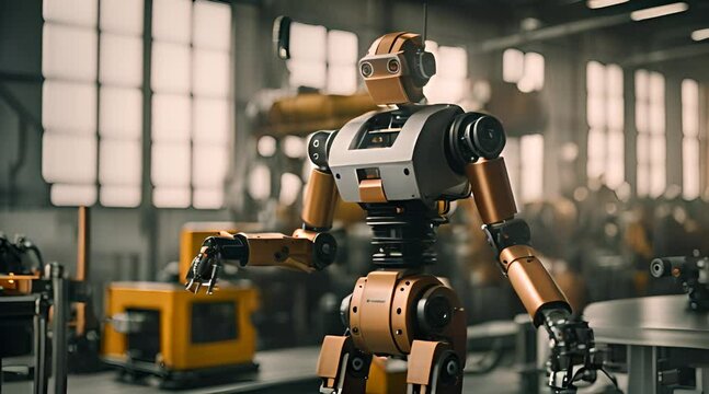 MLP mechanical industrial robot arm and factory worker double exposure. Robotics technology concept for industrial revolution and automated manufacturing processes