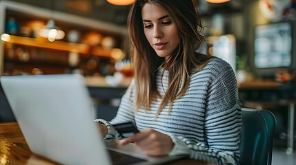 A young woman using a credit card to shop online for a laptop on a table. Concept Technology, Online Shopping, Laptop purchase, Credit Card usage, Young Woman