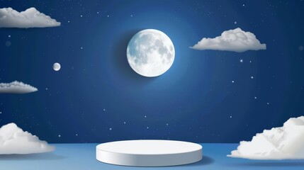 Naklejka premium White podium pedestal on a deep blue night sky background with clouds and moon, mockup for product display, abstract round stage design