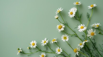 Minimalistic summer chamomile arrangement on green backdrop with text space