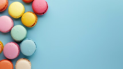 Fototapeta premium Vibrant macarons on blue backdrop with empty space