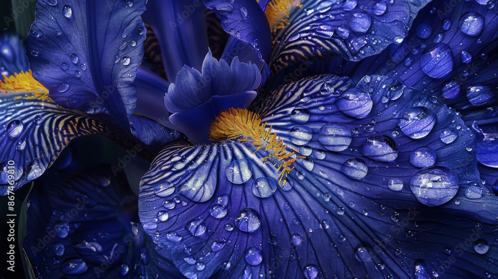 Poster raindrops creating a mesmerizing pattern on the surface of a deep blue iris flower in a spring garde