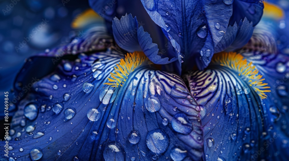 Poster raindrops creating a mesmerizing pattern on the surface of a deep blue iris flower in a spring garde