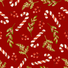 Christmas red seamless pattern, candy, berries holly green leaves holiday background