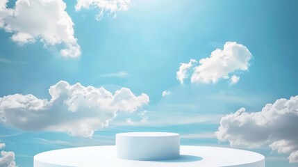 Sleek white podium against a blue sky with clouds, template for USA National Day product presentations