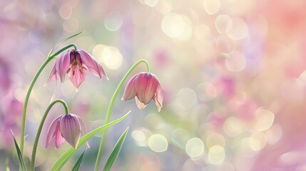 Soft focus on fritillaria flowers in spring with pastel bokeh background