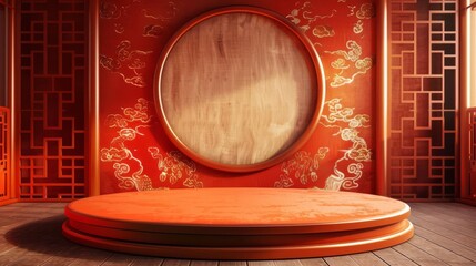 Sleek rounded podium set on a detailed Chinese scrolllike background for cultural presentations