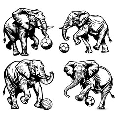 Fototapeta premium Outline Set of Elephants Playing with Soccer Balls