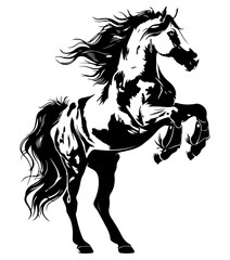 Detailed black and white illustration of a rearing horse with flowing mane and tail, showcasing strength and movement in a dynamic and artistic portrayal.