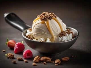 Gelato ice cream flavours scoops in cup, cinematic food dessert photography