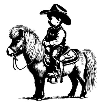 recommend clip art: Black and white silhouette illustration of a young boy wearing a cowboy hat and riding a pony, showcasing a nostalgic and charming scene with intricate details on the boy’s outfit and the pony