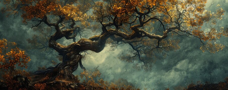 An ancient tree, its gnarled branches reaching towards the heavens, its leaves whispering secrets to the wind.
