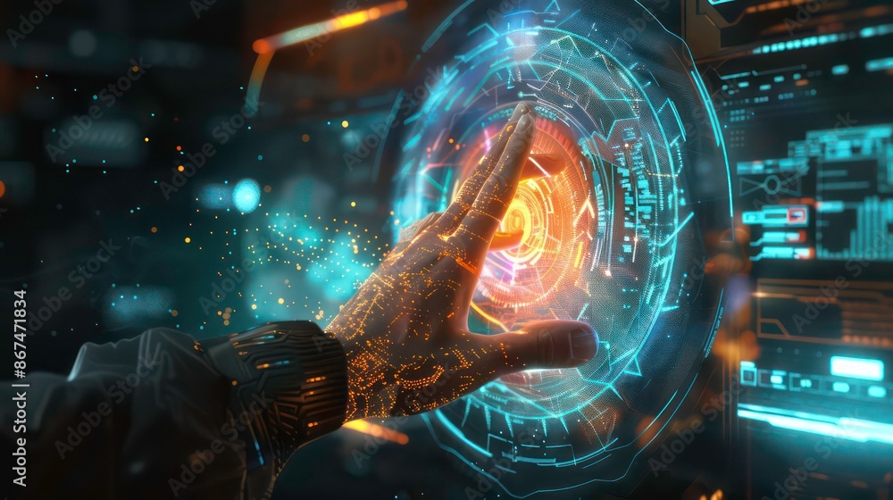 Poster a futuristic concept where a hand interacts with a digital interface, symbolizing the advent of digi