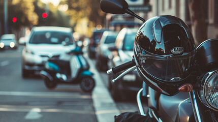 Fototapeta premium A motorcycle helmet is hanging from the handlebars of a moped. Nearby, a scooter is parked next to a car by the road.