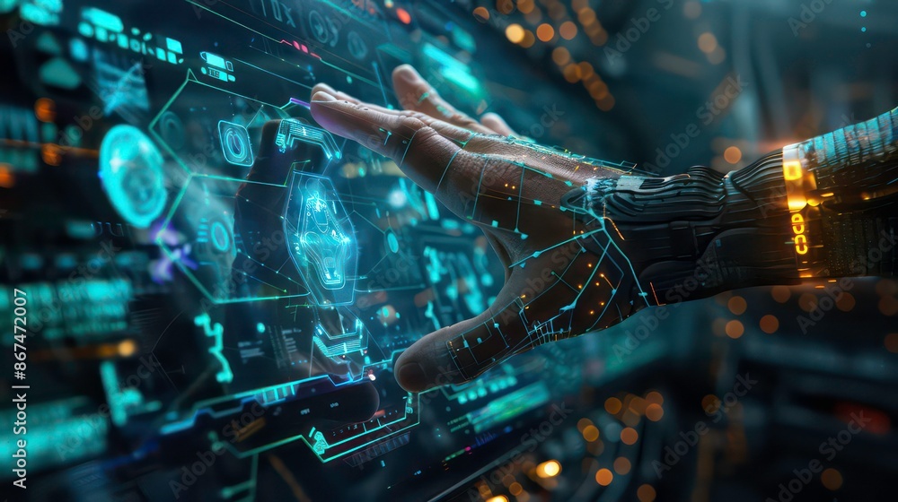 Poster a futuristic concept where a hand interacts with a digital interface, symbolizing the advent of digi