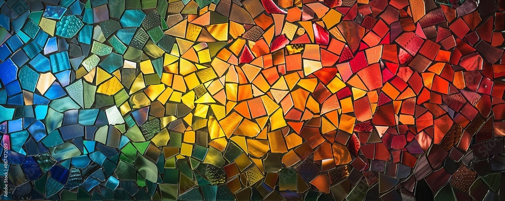 Poster a mosaic pattern made up of tiny pieces of colored glass, reflecting the light in a dazzling display