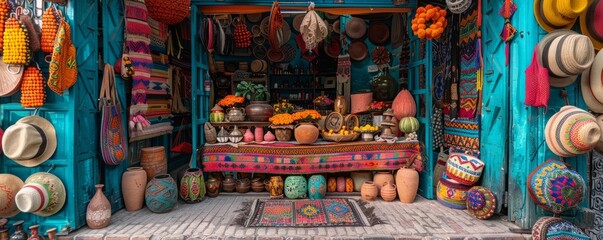 A street vendor selling handmade crafts from a colorful market stall, showcasing unique and artisanal items.