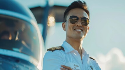 A pilot stands in front of a private jet