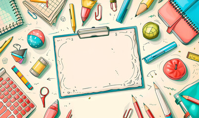 A blank clipboard surrounded by colorful school supplies on a white table
