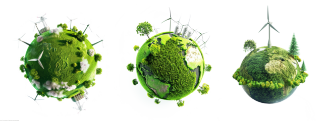 Green energy planet with wind turbines and solar panels eco illustration transparent background