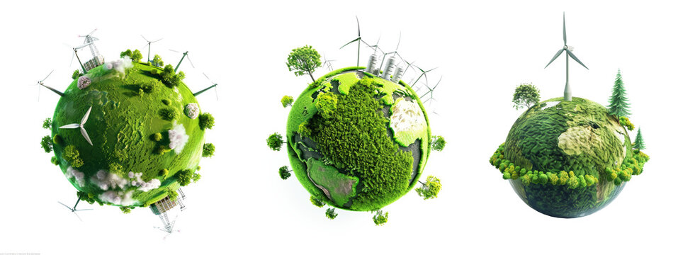 Green energy planet with wind turbines and solar panels eco illustration transparent background