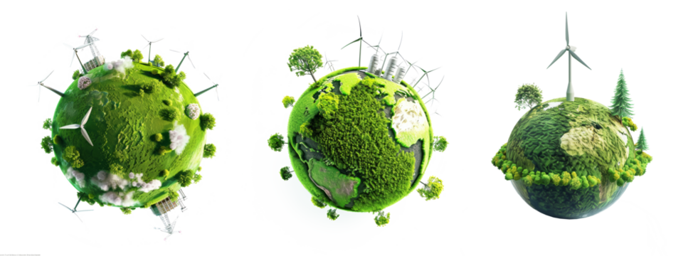 Green energy planet with wind turbines and solar panels eco illustration transparent background