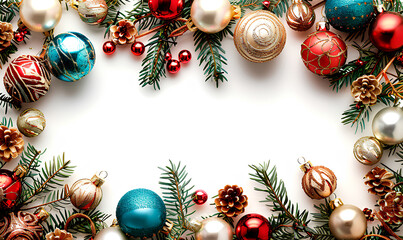 Christmas ornaments and pine branches arranged on a white background
